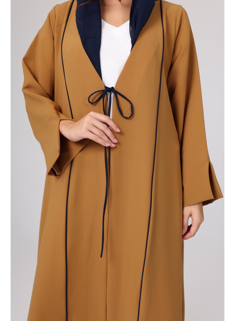 IKKXA Casual Front Tie Colored Abaya ABY1103 Brown - Image 3